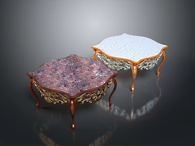 Ornate Vintage Furniture Tables With Purple And White Carved Tops And Golden Decorative Legs 3d model