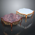 Ornate Vintage Furniture Tables With Purple And White Carved Tops And Golden Decorative Legs