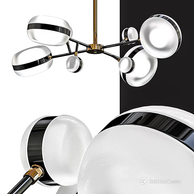 Modern Chandelier With White Glass Globes Black Accents And Brass Frame 3d model 