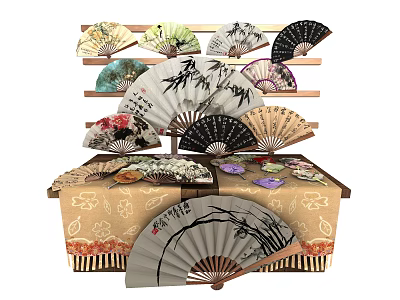 Traditional Chinese Fans With Various Patterns On Decorative Wooden Rack 3d model