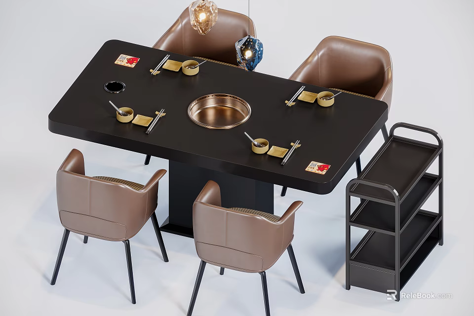 Black Dining Table Set with Brown Leather Chairs Copper Hot Pot and Gold Condiment Bowls 3d model 