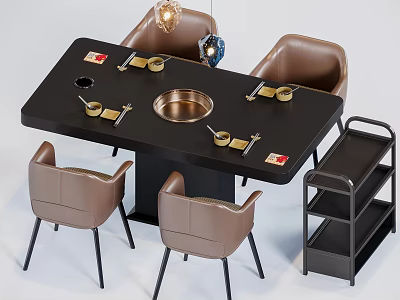 Black Dining Table Set with Brown Leather Chairs Copper Hot Pot and Gold Condiment Bowls 3d model