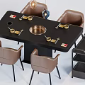 Black Dining Table Set with Brown Leather Chairs Copper Hot Pot and Gold Condiment Bowls