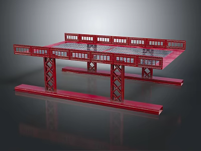 Modern Red Bridge Structure With Support Columns Railings And Platform Surface 3d model