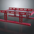 Modern Red Bridge Structure With Support Columns Railings And Platform Surface