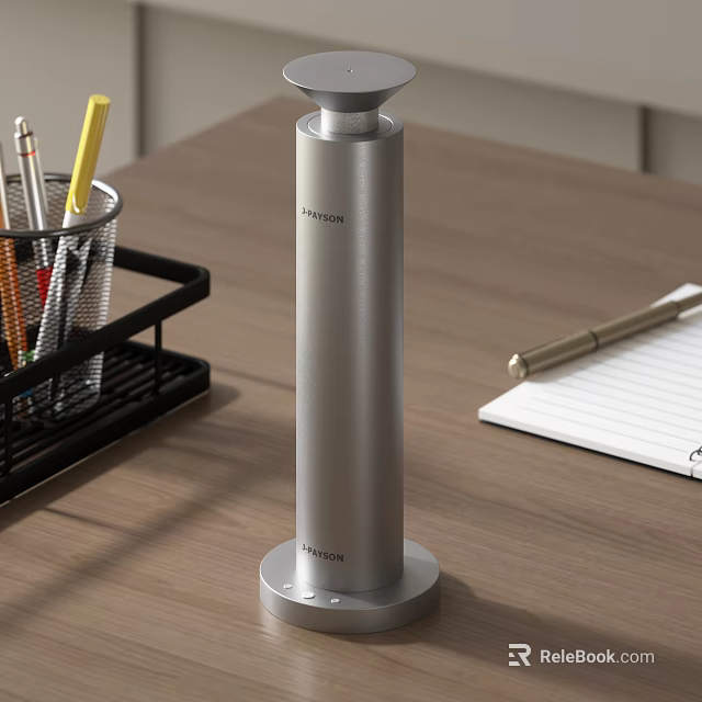 Silver Cylindrical Electric Appliance Hamilton Brand on Wooden Desk with Pen Holder and Notebook 3d model 