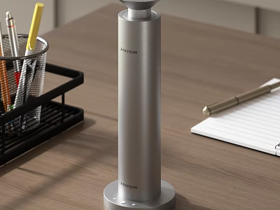 Silver Cylindrical Electric Appliance Hamilton Brand on Wooden Desk with Pen Holder and Notebook 3d model