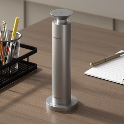 Silver Cylindrical Electric Appliance Hamilton Brand on Wooden Desk with Pen Holder and Notebook 3d model