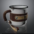 White Enamel Mug With Brown Leather Handle And Metal Rivet Detail