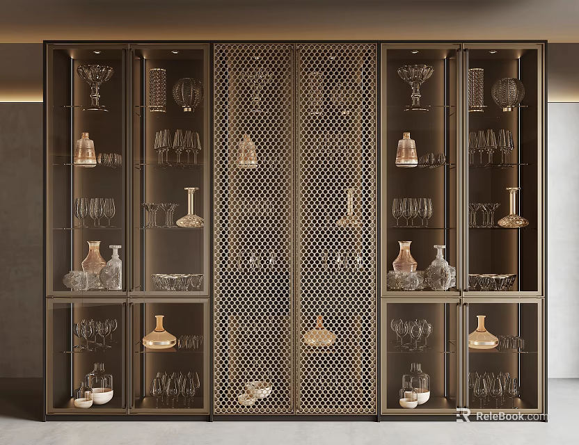 Modern Metallic Wine Cabinet With Glassware Bottles And Grid Door Display Storage 3d model 