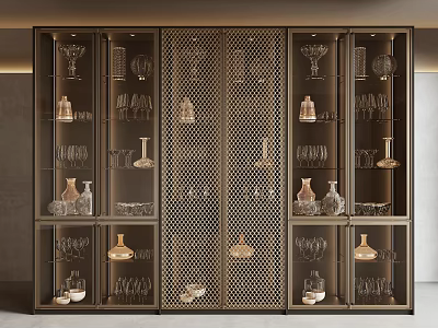 Modern Metallic Wine Cabinet With Glassware Bottles And Grid Door Display Storage 3d model