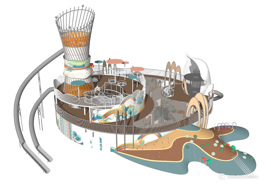 Modern Children's Playground With Tower Slide Colorful Structures And Play Areas 3d model 