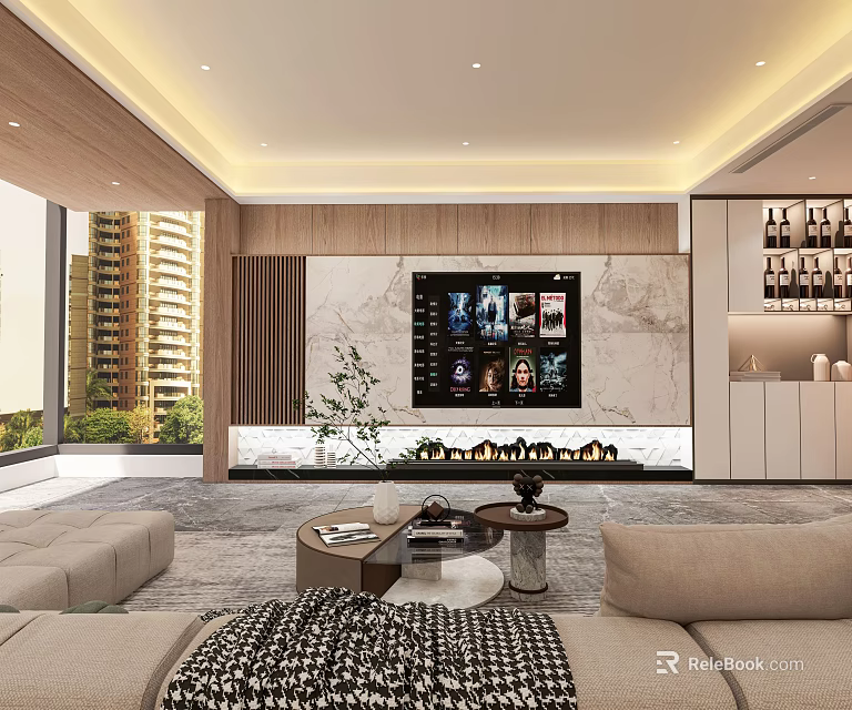 Modern Living Room Interior With Marble TV Wall Wooden Accents Large Windows And Sofa 3d model 