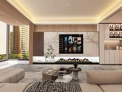 Modern Living Room Interior With Marble TV Wall Wooden Accents Large Windows And Sofa 3d model