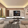 Modern Living Room Interior With Marble TV Wall Wooden Accents Large Windows And Sofa