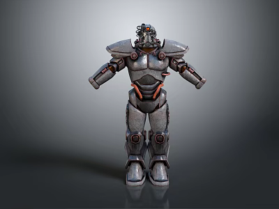 Mechanical Robot Character 3D Model With Metallic Gray Body And Orange Accents Standing Pose 3d model
