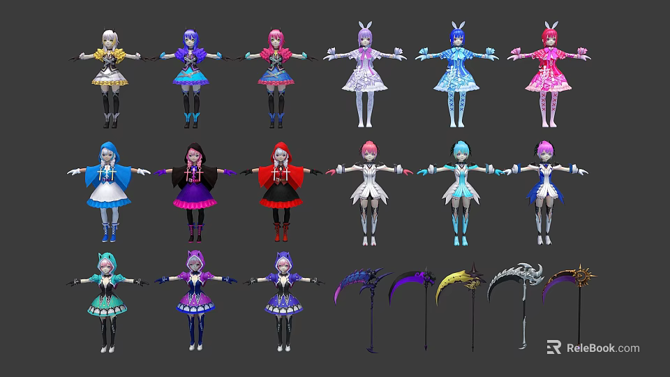 Diverse Fantasy Characters with Colorful Costumes Standing Poses and Scythe Weapons 3d model 
