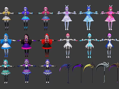 Diverse Fantasy Characters with Colorful Costumes Standing Poses and Scythe Weapons 3d model