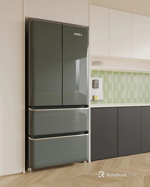 Modern Kitchen Interior With Dark Colored Refrigerator Freezer White Cabinets And Green Tiled Backsplash 3d model 