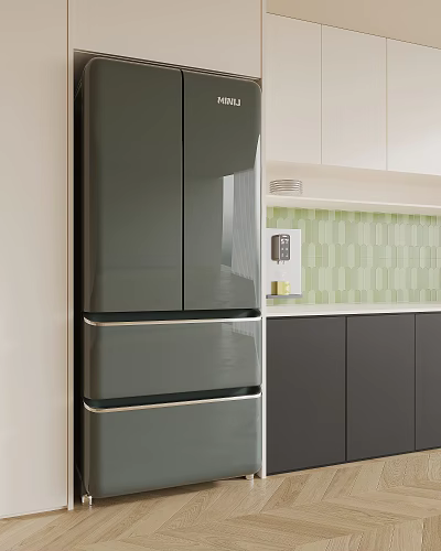 Modern Kitchen Interior With Dark Colored Refrigerator Freezer White Cabinets And Green Tiled Backsplash 3d model