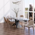 Modern Dining Table Set With Beige Chairs Vase Plants And Large Windows City View