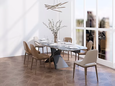 Modern Dining Table Set With Beige Chairs Vase Plants And Large Windows City View 3d model