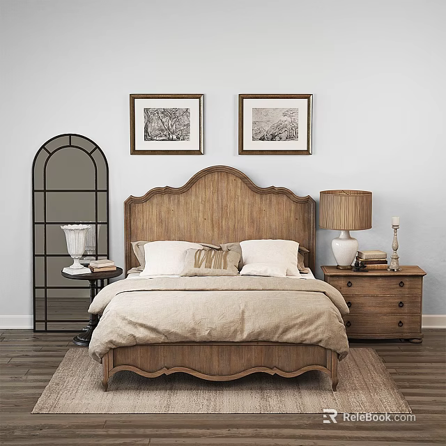 Vintage Wooden Double Bed Interior With Beige Bedspread Pillows Nightstand Table Lamp And Framed Artworks 3d model 