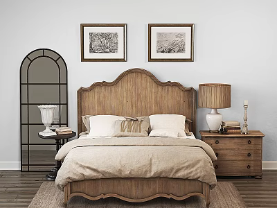 Vintage Wooden Double Bed Interior With Beige Bedspread Pillows Nightstand Table Lamp And Framed Artworks 3d model