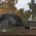 Scenic Garden Landscape With Gray Tent Autumn Colored Trees Teepees And Camping Chairs In Grassy Area