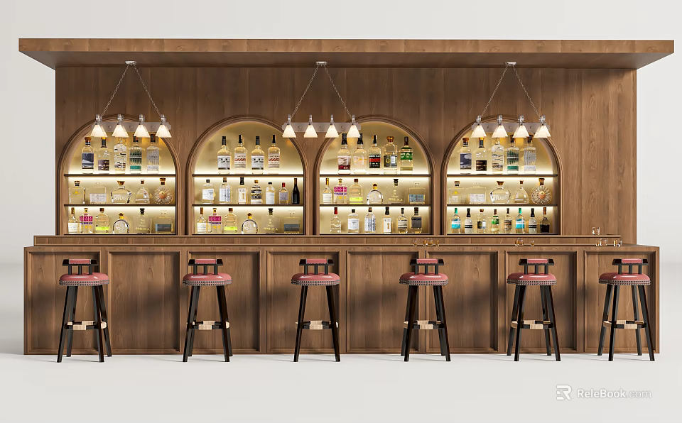 Stylish Bar Counter With Wooden Wall Arched Shelves Liquor Bottles And Pink Cushion Stools 3d model 