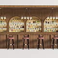 Stylish Bar Counter With Wooden Wall Arched Shelves Liquor Bottles And Pink Cushion Stools