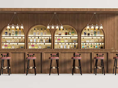 Stylish Bar Counter With Wooden Wall Arched Shelves Liquor Bottles And Pink Cushion Stools 3d model