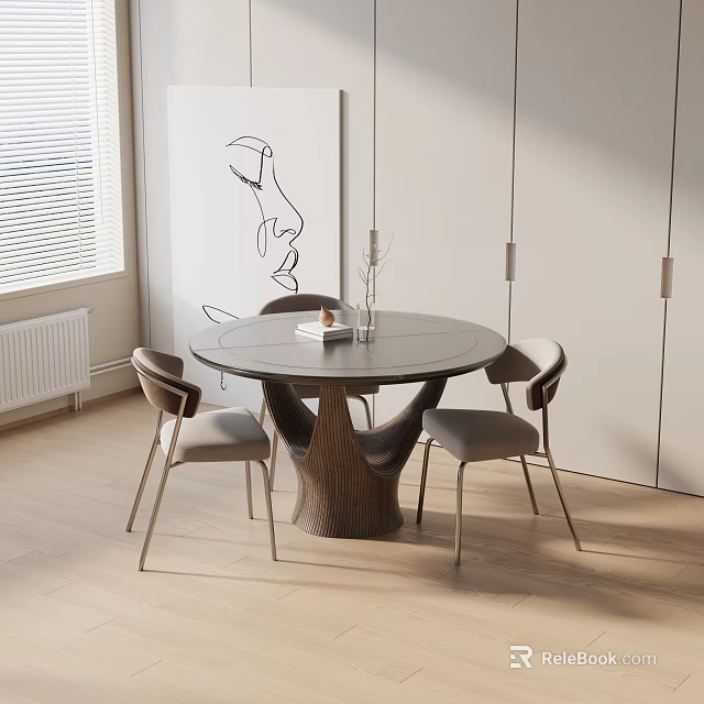 Modern Minimalist Dining Table Set With Round Glass Top Wooden Base And Four Chairs 3d model 