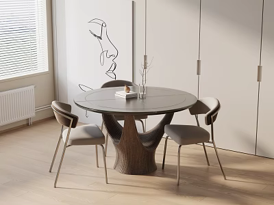 Modern Minimalist Dining Table Set With Round Glass Top Wooden Base And Four Chairs 3d model