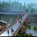 Scenic Stone Bridge Over River With Hanging Red Lanterns And People Walking