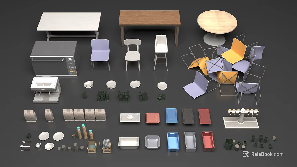 Kitchen Appliances In Modern Design With Wooden Tables Colorful Chairs And Tableware 3d model 