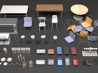Kitchen Appliances In Modern Design With Wooden Tables Colorful Chairs And Tableware 3d model