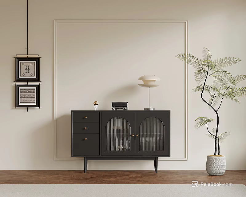 Modern Black Console Cabinet with Drawers Glass Doors Wall Art and Floor Lamp Near Potted Plant 3d model 