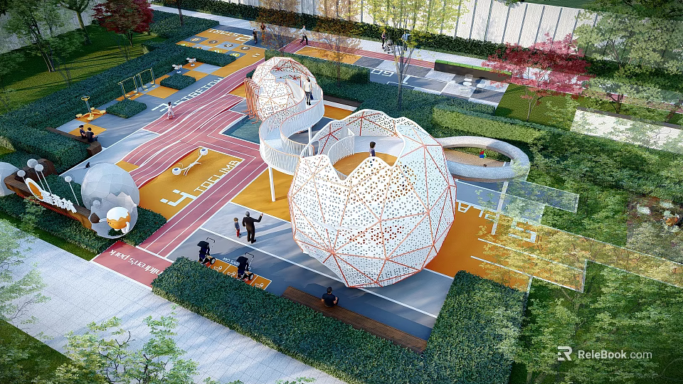 Modern Garden Landscape With Spherical Structures Colorful Pathways And Greenery Areas 3d model