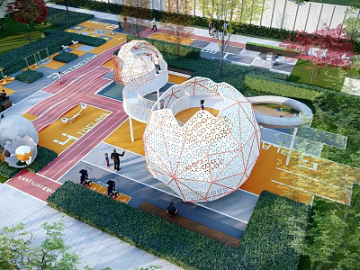 Modern Garden Landscape With Spherical Structures Colorful Pathways And Greenery Areas 3d model