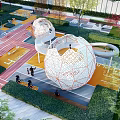 Modern Garden Landscape With Spherical Structures Colorful Pathways And Greenery Areas 3d model