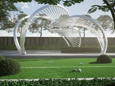 Modern White Curved Pergola Structure In Green Lawn With Trees And Pigeons 3d model