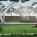 Modern White Curved Pergola Structure In Green Lawn With Trees And Pigeons