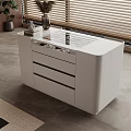 Modern White Sideboard With Glass Top Drawers And Wooden Blinds On Marble Floor