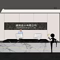 Modern Reception Desk with Marble Countertop Company Name Backdrop and Decorative Sculpture in Office Interior