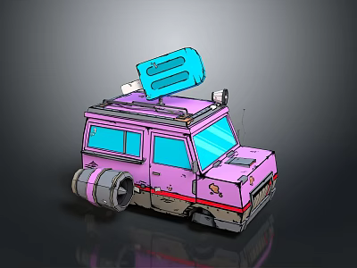 Pink Cartoon Style Van With Blue Object On Roof And Decorative Details 3d model