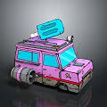 Pink Cartoon Style Van With Blue Object On Roof And Decorative Details