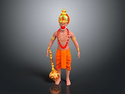 Ornate Game and Movie Character With Golden Headdress Red Bead Necklace Orange Attire Golden Mace 3d model