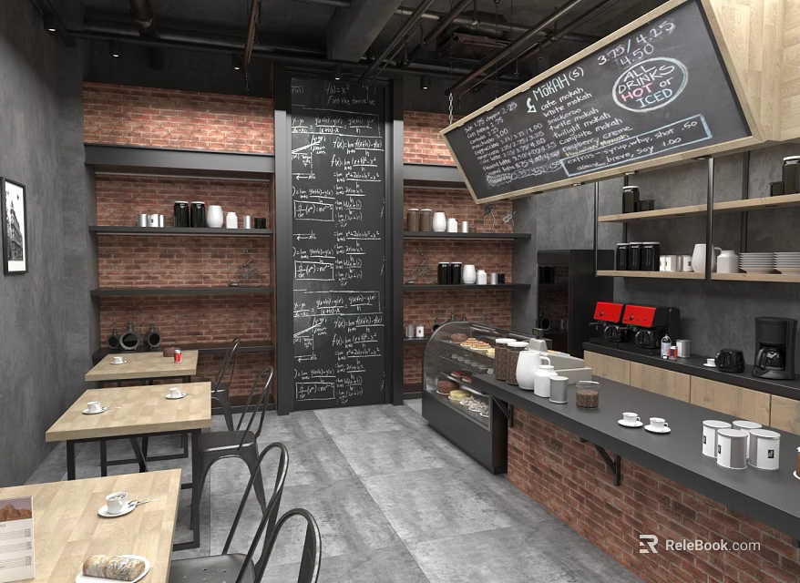 Café Interior Design With Brick Walls Chalkboard Menu Wooden Tables And Metal Chairs 3d model 