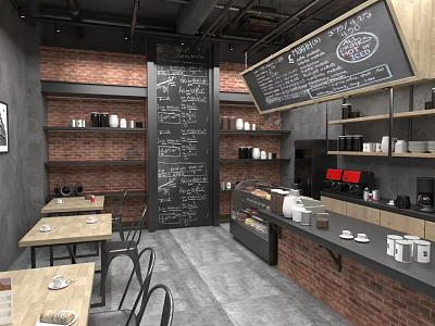 Café Interior Design With Brick Walls Chalkboard Menu Wooden Tables And Metal Chairs 3d model